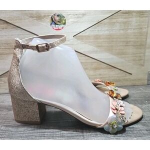 BETSEY JOHNSON Sz 6.5 Adalee Gold Block Heel Sandals Glitter Sequin Flower #507